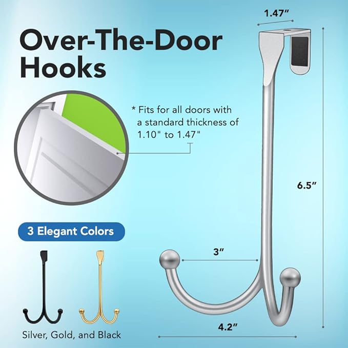 2-Pack Over The Door Hooks - with 2 Hang Heads & Snug Fit Pads Heavy Duty Hook for Hanging Coats, Towels, Caps & Robes - Elegant Matt Finish - No Drill Hanger Organizer - Silver