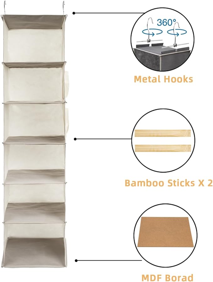2 Packs Hanging Closet Organizer, 6-Shelf Closet Organizers and Storage with Side Pockets, Collapsible Hanging Shelves for Closet & RV & College Dorm,Beige-NeatNest