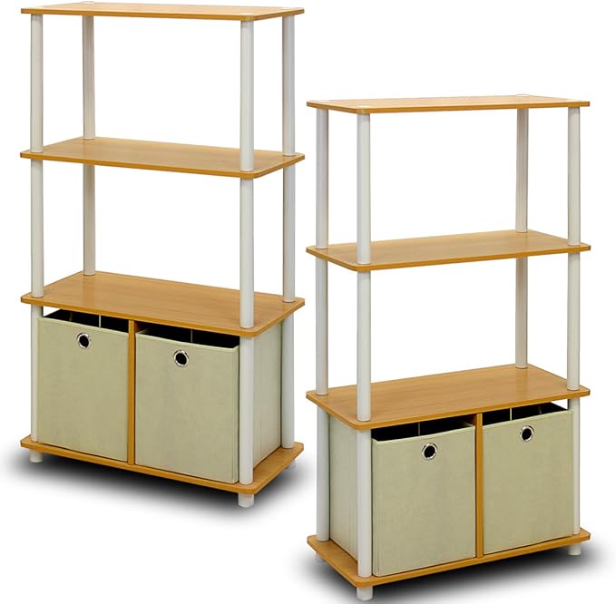 Furinno Go Green 4-Tier Multipurpose Storage Rack Shelving Unit with Bins (Set of 2), Beech-NeatNest
