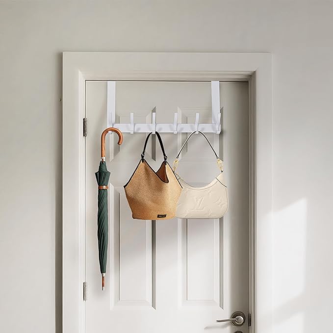 2 Pack Over The Door Hook，Door Hanger for Hanging，Over Door Hanger Holder for Coat Robe Hat Clothe Towels，Towel Racks for Bathroom with 12 Coat Hooks (White, 2 Pack-6 Hooks)