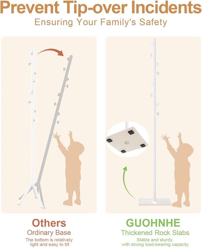 Coat Rack Freestanding, Small Standing Coat Tree with Heavy Rock Slab Base, Modern Metal Coat Hanger Stand with 8 Hooks, Garment Rack, 11.8 x 11.8 x 68.9 In, White, GYJ002W-NeatNest