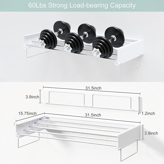 Wall Mounted Laundry Rack, Collapsible Clothes & Towel Drying Rack for Indoor & Outdoor, 60 lb Capacity, 31.5' Wide, 13.5 Linear Ft, White