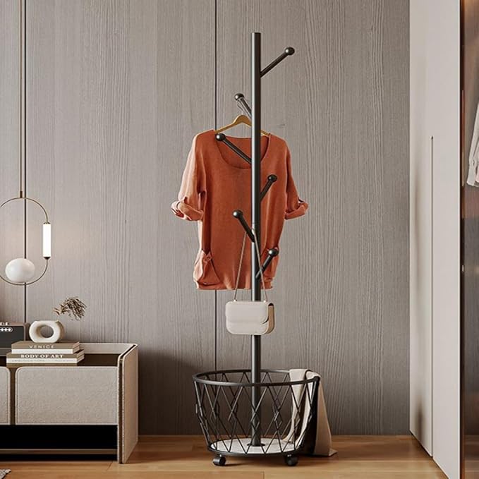 Freestanding Metal Coat Rack Stand with Basket Modern Organizer for Scarf Jacket Hat Bags Ideal for Home Entryway Bedroom Corner Stable and Moveable tree (black)