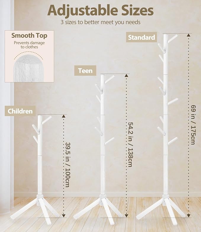 Beech Wood Coat Rack Stand with 9 Hooks, 3 Height Adjustable, simple Freestanding Solid Wooden Coat Tree Hanger for Clothes, Hats, Scarves, bags, Jackets, Bedroom, livingromm, Office(White)-NeatNest