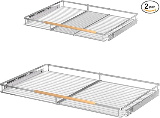 Expandable Pull Out Drawer Cabinet Organizers, Heavy Duty Slide Out Storage Shelf for Home Kitchen Pantry Cupboard Pots Pans, Adjustable Width from 12.1"~18.4", Stainless Steel 2 Pack-NeatNest