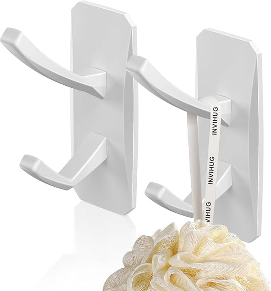 INVIHUG, Large Size Modern Adhesive Wall Hooks, Heavy Duty RV Hooks for Hanging Jacket, Coat, Towel, Robe, Loofah in Bathroom, Kitchen and Office Wall Mount (2 Packs, White)