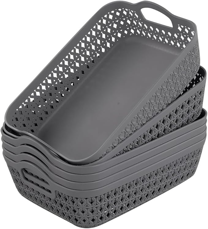 Kekow Small Plastic Storage Basket Tray with Handle, 6-Pack, Gray-NeatNest