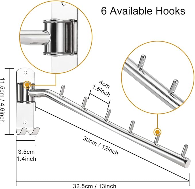 2-Pack Wall Mounted Folding Clothes Hanger Rack, Stainless Steel Clothes Hooks with Swing Arm Holder Space Saving Clothing Hanging System Closet Storage Organizer Heavy Duty Drying Rack