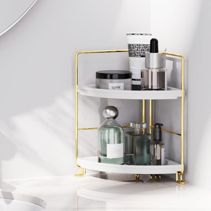 FSyueyun 2-Tier Corner Bathroom Counter Organizer, Tool-Less Installation Vanity Shelf Small Plastics Countertop Makeup Tray Skincare Perfume Organizers (Gold)-NeatNest