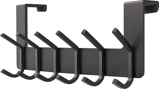 Matte Black Over The Door Hooks – Heavy Duty Stainless Steel Door Hanger with 6 Double Hooks for Hanging Towels, Coats, Robes, Hats, Bags – No Drill Over Door Towel Rack for Bathroom & Bedroom