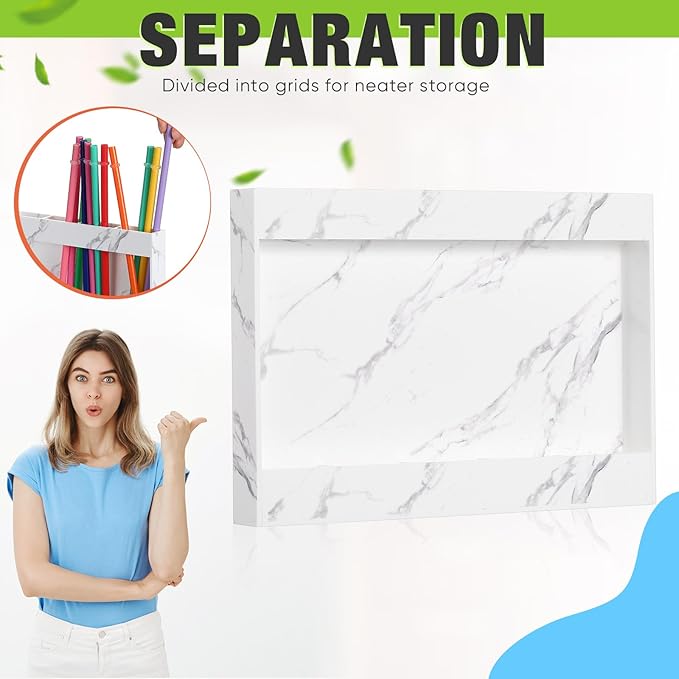 Acrylic Straw Holder for Cabinet Door with Double Sided Adhesive Tape Reusable Straw Organizer Tumbler Storage Kitchen Accessories Container for Counter Cupboard(Marble Texture,Large,White)