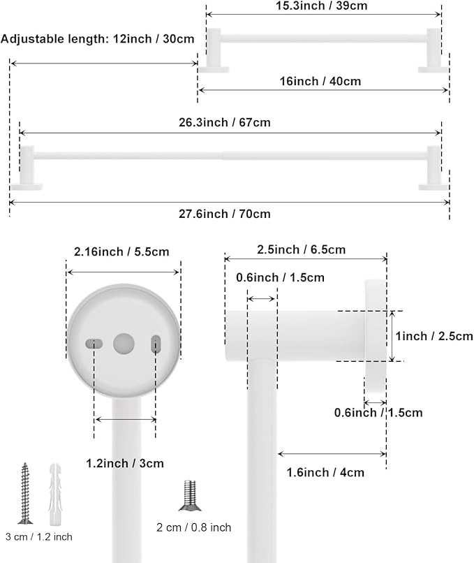 Adjustable Single Towel Bar 16 to 27.6 Inch, iMomwee Oil Rubbed White Finished Stainless Steel Bath Towel Holder, Wall Mounted Towel Rail for Bathroom Kitchen Washroom, 1" Diameter Towel Rod with Hook