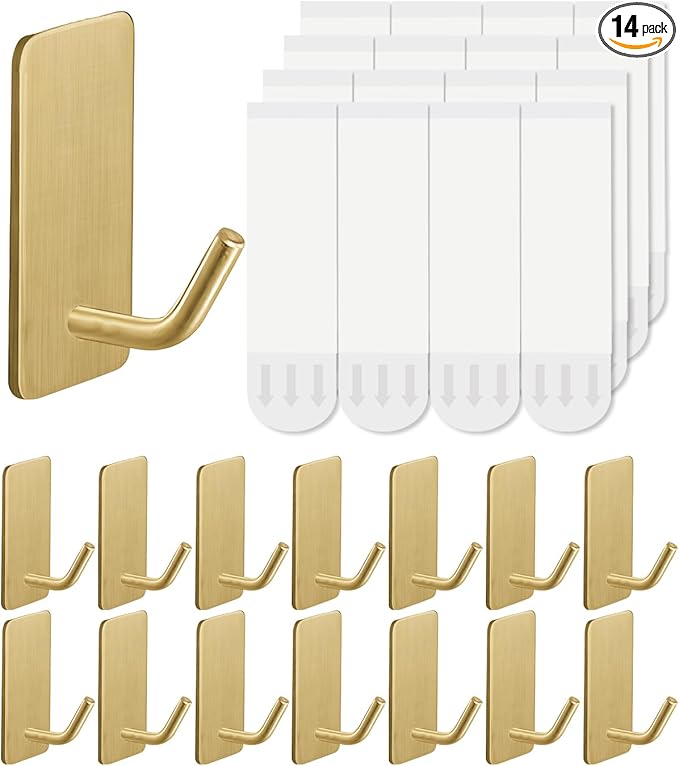 14 Pcs Towel Hooks with Removable Strips for Hanging, Adhesive Wall Hooks Heavy Duty, Outdoor No Damage, Sticky Hook for Bathrooms, Shower, Stockings, Decor, Robe, Small, Gold 304 Stainless Steel