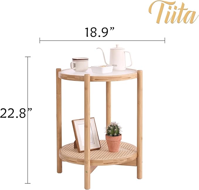Tiita Rattan Nightstand Side Table, Bamboo Accent Bedside Tables, Glass Coffee Tables, Boho Wooden End Table with Storage for Small Space, Living Room and Bedroom