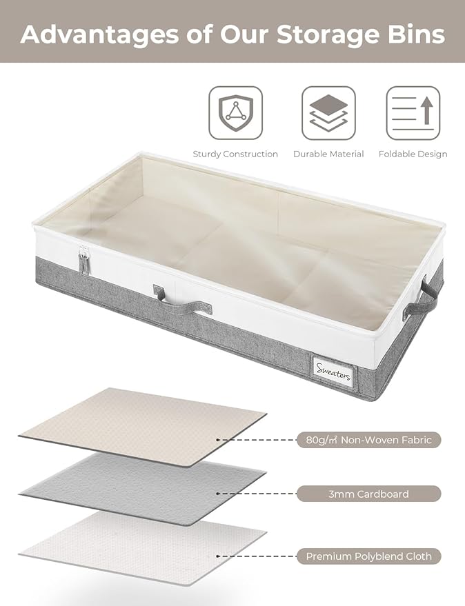 StorageWorks Large Under Bed Storage Containers with Handles and Label Holder, 2 Pack Ultra-thick Fabric Underbed Bins, Closet Organizer for Clothes, Blankets, Sweater-NeatNest