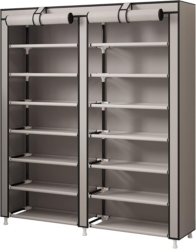 MOYIPIN Shoe Rack Storage Organizer, Double Row Portable Nonwoven Fabric Cover Shoe Rack Holds up to 28 Pairs 36.2 x 11.2 x49.2 Inches Grey-NeatNest