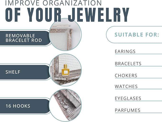 Comfify Rustic Jewelry Organizer – Wall Mounted Jewelry Holder w/Removable Bracelet Rod, Shelf & 16 Hooks – Perfect Earrings, Necklaces & Bracelets Holder – Rustic White-NeatNest