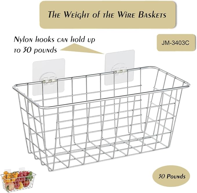 5 Pack Hanging Storage Basket, Bathroom Basket, Household Goods, with Traceless Tape, no Drilling, for Cabinet Storage, Kitchen, Bathroom, Storage Room,Chrome