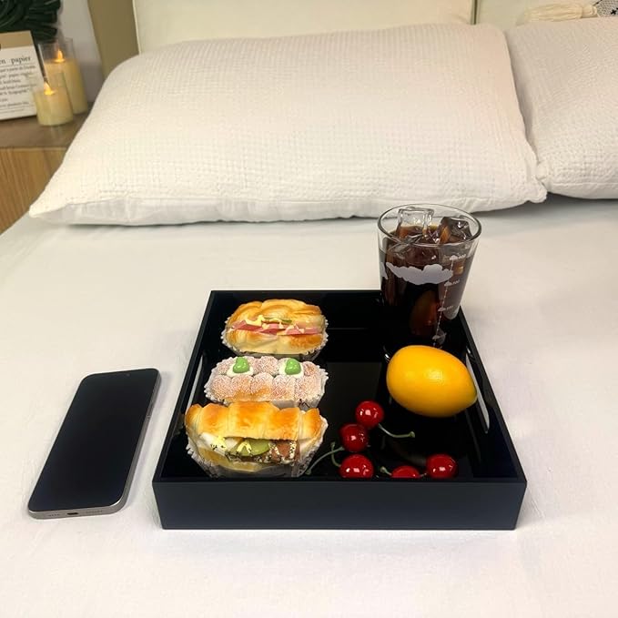 Glossy Black Sturdy Acrylic Serving Tray with Handles-10x10Inch-Serving Coffee,Food,Breakfast,Butler-Kitchen Countertop Tray-Makeup Drawer Organizer-Vanity Table,Ottoman Tray-Decorative Tray-NeatNest