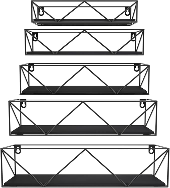 CRUGLA Black Floating Shelves Wall Mounted Set of 5, Hanging Storage Wall Shelf for Bathroom, Bedroom, Living Room, Kitchen-NeatNest