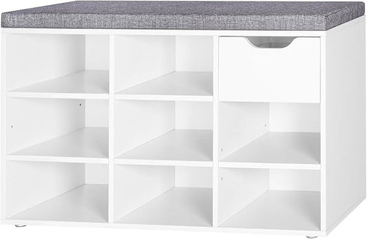 DINZI LVJ Shoe Bench,Entryway Storage Bench with Drawer and 8 Cubbies,Cubby Rack Adjustable Shelves,Shoe Organizer Cabinet for Living Room,Bedroom,Mudroom,Closet Garage,White-NeatNest