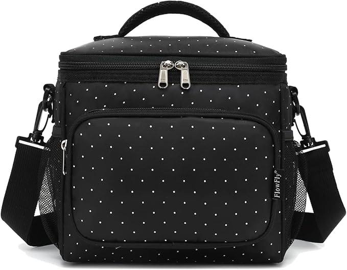FlowFly Insulated Reusable Lunch Bag Adult Large Lunch Box for Women and Men with Adjustable Shoulder Strap,Front Zipper Pocket and Dual Large Mesh Side Pockets,Dot-NeatNest
