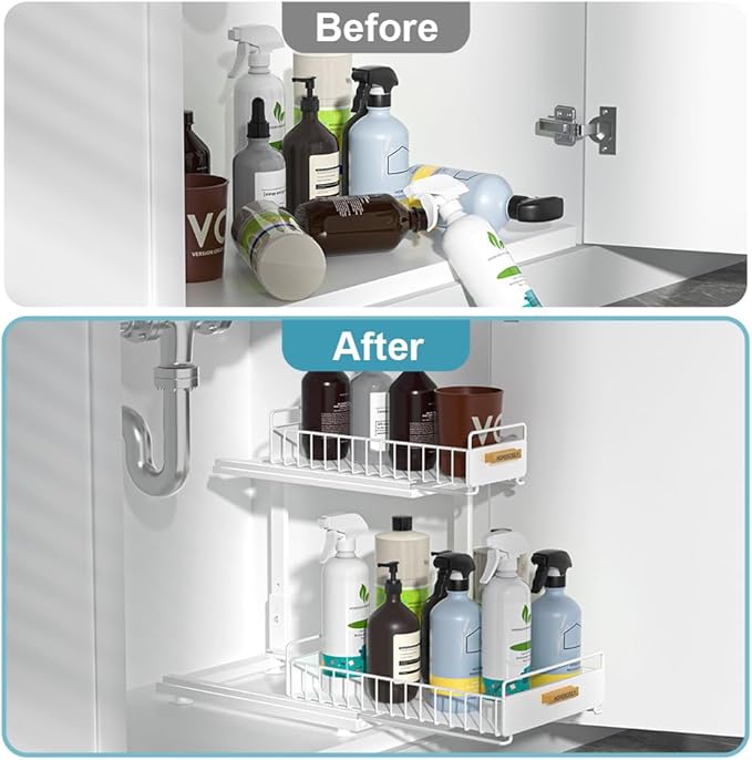 Under Sink Organizer, Pull Out Kitchen Cabinet Organizer, 2-Tier Metal Under Sink Organizers and Storage Height-Adjustable, Kitchen Bathroom Organizers and Storage Shelves, White-NeatNest