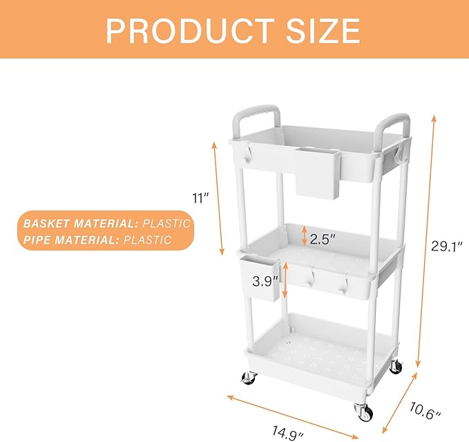 3 Tier Rolling Utility Cart with Handle,REBECAT Utility Cart Made of Multifunctional Storage Organizer Tool for Kitchen,Bathroom,Living Room,Office(White)-NeatNest