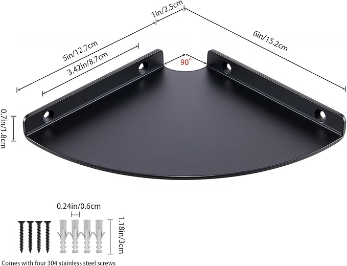 6 Inch Corner Shelf - Heavy Duty 3.0mm Aluminum Alloy Wall Mounted Floating Shelf for Bathroom, Kitchen, Living Room, Office, Bedroom & Dorm - Black