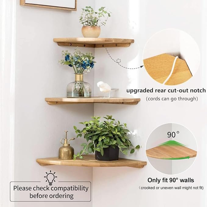 Corner Shelves, Floating Corner Shelf, Set of 2 16inch Solid Oak Wood Wall Shelves, Round End Wall Mount Display Shelf with Wire Hole for Bedroom Kitchen, Living Room (Oak, 16in 2P)-NeatNest
