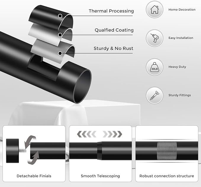 2 Pack Black Curtain Rods for Windows 66 to 120 Inch(5.5-10 Feet),1" Diameter Drapery Rods with Modern Style End Cap Finials,Size:36-120 Inch