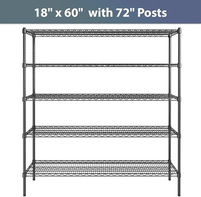 18" x 60" NSF Black Epoxy 5-Shelf Kit with 72" Posts, Commercial Storage Rack Unit, Heavy Duty Storage Shelving, Wire Shelving Kit, Adjustable Rack Strong Steel, Multipurpose Wire Shelf