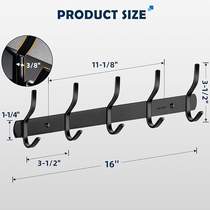 2 Pack 5 Two-Hooks Coat Rack Wall Mounted - Thickened 304 Stainless Steel Coat Hooks, 16 Inches Rustproof Hook Rack Wall Mount, Anti-Sliding Towel Hooks, Holding up to 44 lbs, Matte Black