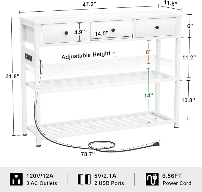 Ecoprsio 47'' Entryway Table with Outlets and USB Ports, Console Table with 3 Drawers, Sofa Table Narrow Long with Storage Shelves for Living Room, Couch, Hallway, Foyer, Kitchen Counter, White-NeatNest