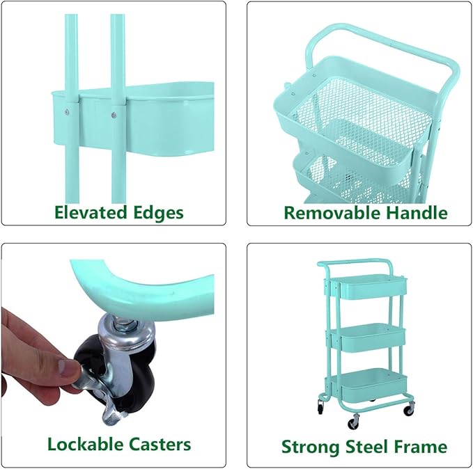 3-Tier Metal Mesh Rolling Cart Storage Organizer with Utility Handle and Wheels, Turquoise-NeatNest
