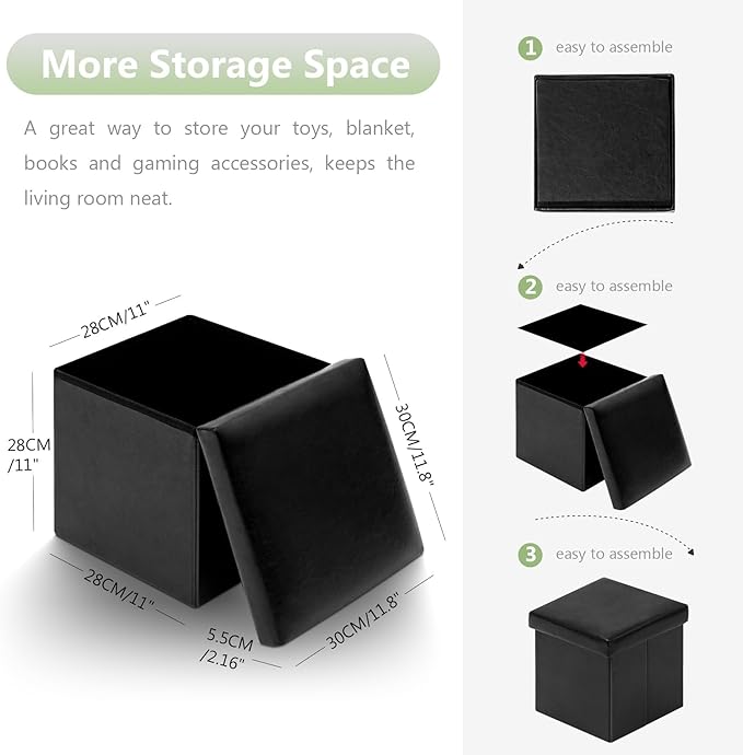 B FSOBEIIALEO Folding Storage Ottoman Cube with Faux Leather for Living Room, Bedroom, Home Office, Dorm Storage Footrest Black 11.8"x11.8"x11.8"
