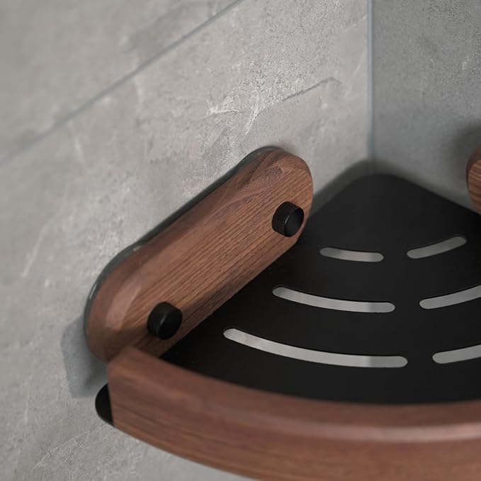 Stylish Suction Cup Aluminum Corner Shower Caddy Adjusatble Bathroom Walnut Wood Grain Triangle Storage Rack No Drilling Waterproof Shower Shelf (1)