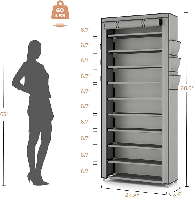 VTRIN Vertical Narrow Shoe Rack Organizer Tall Shoe Rack for Closet Entryway 10 Tier Non-Woven Cover Shoe Shelf Holds 36-41 Pairs Free Standing Shoe Storage Cabinet with Dustproof Cover, Grey-NeatNest