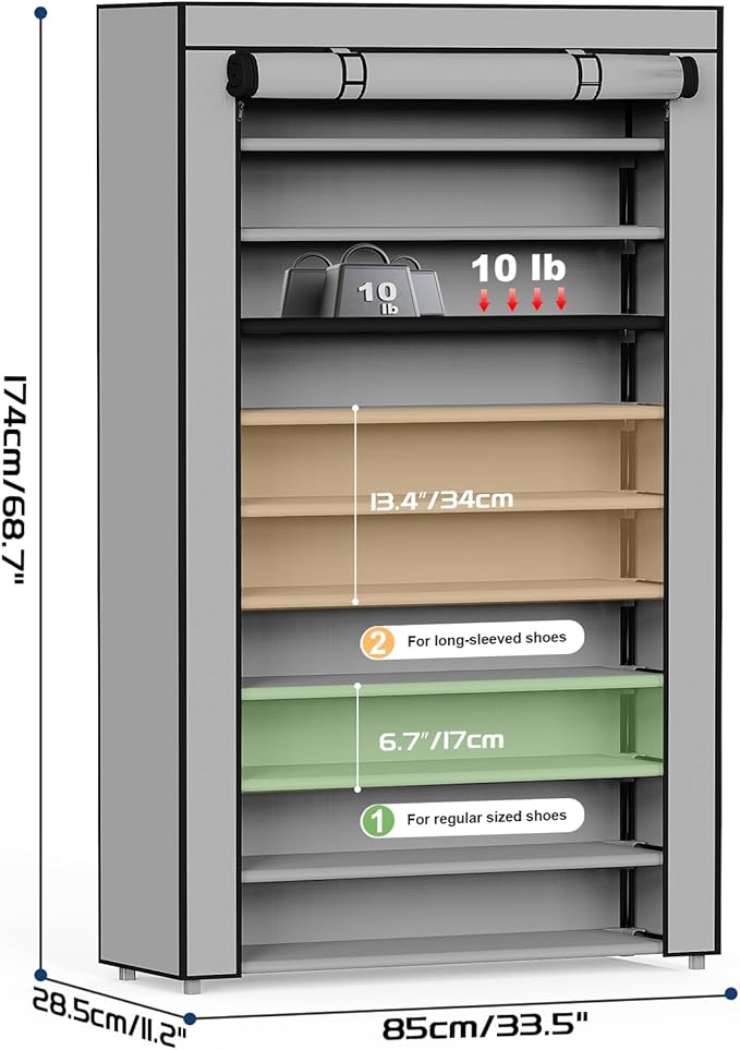 Mavivegue Shoe Rack with Cover, 10 Tier Tall Shoe Storage for 50-55 Pairs of Shoes, Shoe Organizer for Entryway, Closet, Garage, Grey-NeatNest