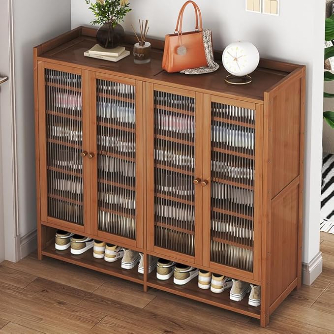 Bamboo Shoe Cabinet, 8-Tier Shoe Storage Cabinet with Doors, Freestanding Bamboo Shoe Rack Organizer with Shelves for Entryway, Hallway, Closet, Living Room (Brown-5)