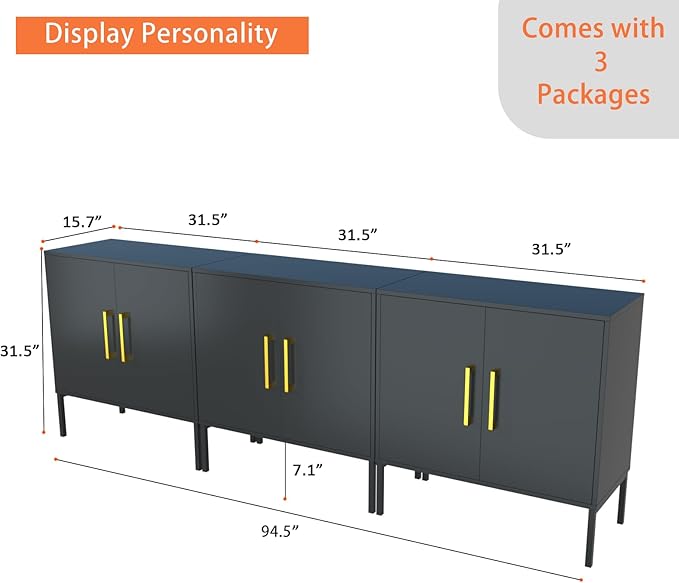 JOZZBY Buffet Sideboard Cabinet with Storage, Modern Wooden Cabinet with Adjustable Shelves, Black and Gold Cabinets for Living Room, Kitchen, Hallway, Set of 3