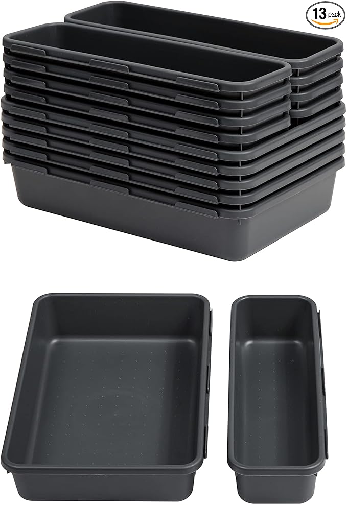 Gonice 13 PCS Drawer Organizer Tray, Interlocking Office Desk Drawer Storage, Black Plastic Organizer Bins for Office Supplies and Tools, Desk Drawer Organizer for Bathroom and Kitchen-NeatNest