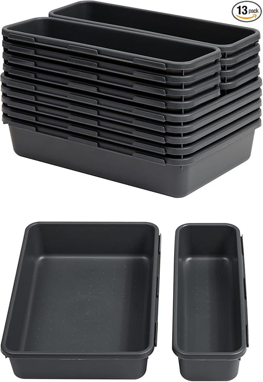 Gonice 13 PCS Drawer Organizer Tray, Interlocking Office Desk Drawer Storage, Black Plastic Organizer Bins for Office Supplies and Tools, Desk Drawer Organizer for Bathroom and Kitchen-NeatNest