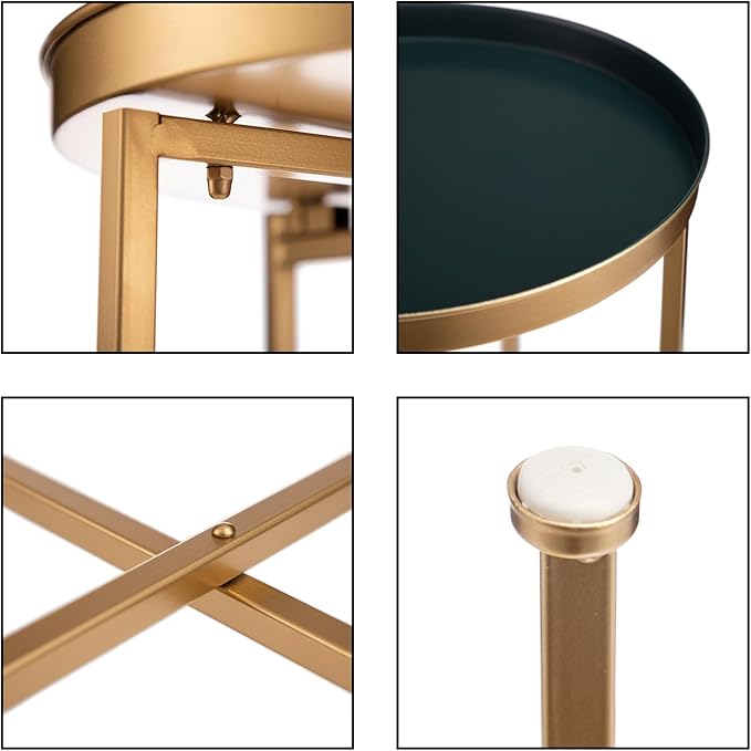 HollyHOME Small Round Metal Waterproof End Table, Accent Indoor&Outdoor Coffee Side Table, Snack Sofa Table for Living Room, Anti-Rust Decorative Plant Stand, (D) 14.5" x (H) 25", Gold&Navy Blue-NeatNest