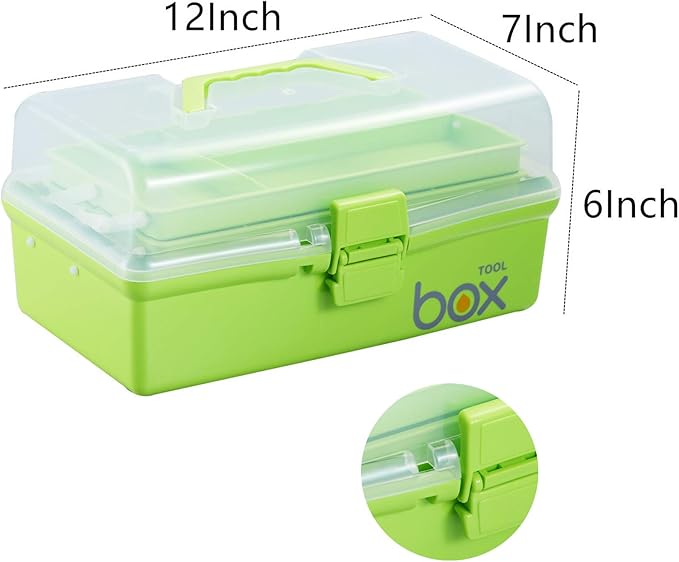 2PCS 12'' Three-Layer Clear Plastic Storage Box/Tool Box, Multipurpose Organizer and Portable Handled Storage Case for Art Craft and Cosmetic (Green)