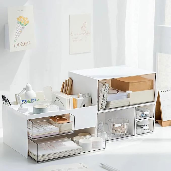 Desk Drawer Organizer, Desk Storage Box with 2 Drawers and 4 Compartments, Multifunctional Desk Accessories & Countertop Organizers for Office School Home (White-NeatNest