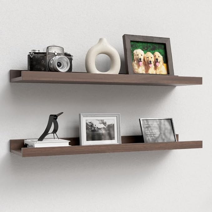 23.6 Inches Long Floating Shelves Wall Mounted, 2 Set Farmhouse Wall Shelf for Bedroom, Nursery Book Shelf with Lip, Picture Ledge Shelf for Wall Decor Living Room Bathroom Kitchen- Walnut-NeatNest