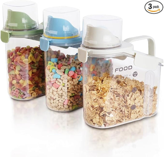 3 Pieces Cereal Containers Storage, 51fl.oz/1.5L Compact Crystal Clear Dry Food Storage Containers with Pouring Spout Measuring Cup for Rice Nuts Beans Pet Food Snacks Candies, 3PCS-NeatNest
