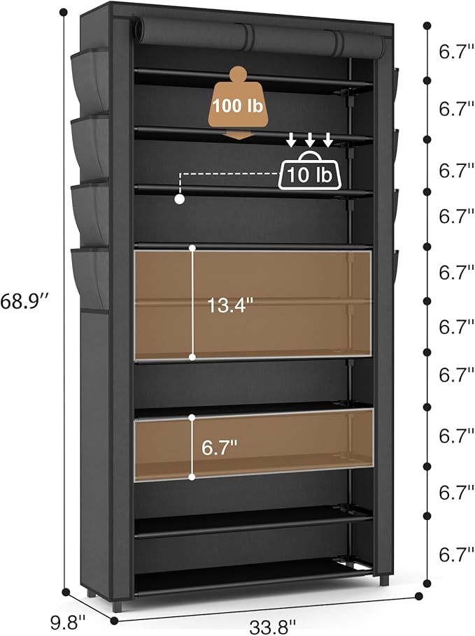 VTRIN Tall Shoe Rack with Cover, 10 Tier Shoe Organizer Storage for 50-55 Pairs Shoes and Boots Large Capacity Shoe Shelf with 8 Pockets Free Standing Shoe Rack for Closet, Entryway, Garage-NeatNest