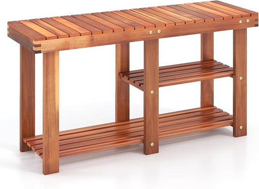 Tangkula 3-Tier Shoes Rack Bench, Entryway Storage Bench Shoes Organizer with Seat, Shoe Shelf for Boots, Acacia Wood Bench for Hallway, Bathroom, Living Room, Corridor Garden-NeatNest